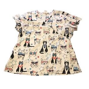 Scrubstar Allover Print Cool Patriotic Kitty Cats Short Sleeve Scrub Top XL